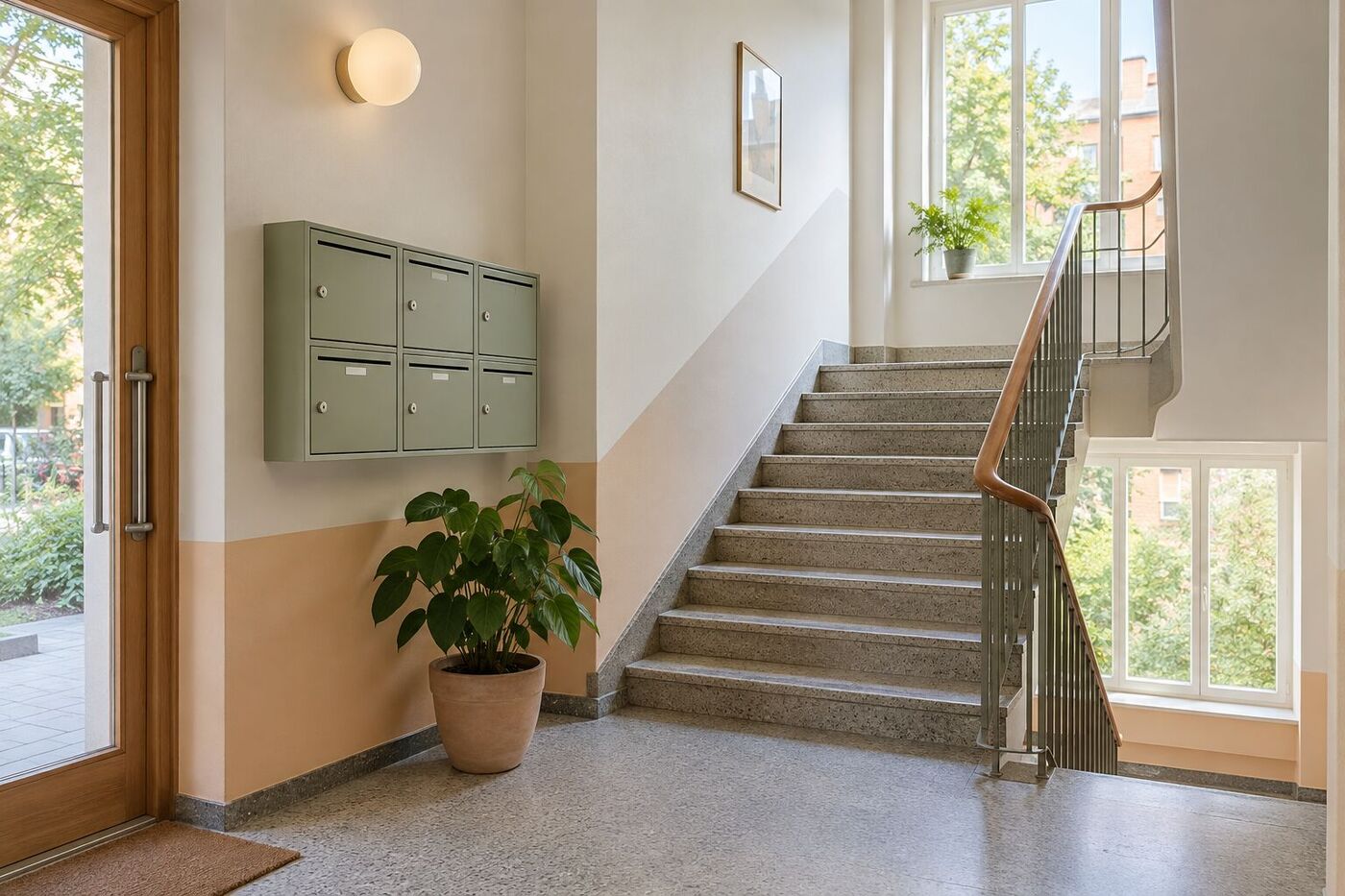 Ljust trapphus i ett svenskt flerbostadshus – bostadsrättstillägg och hemförsäkring för bostadsrätt