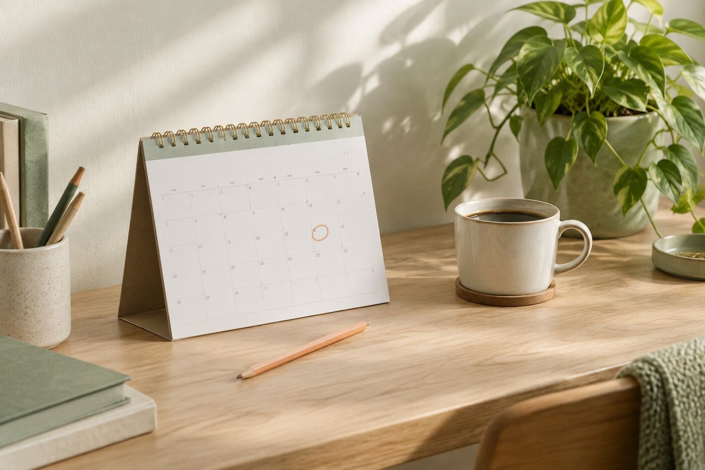 Skrivbord med en kalender där ett datum är markerat – checklista inför att hemförsäkringen förnyas