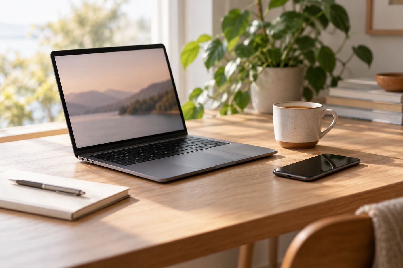 Skrivbord med dator, telefon och kaffe i dagsljus – kontakta Tryggly för frågor och rättelser