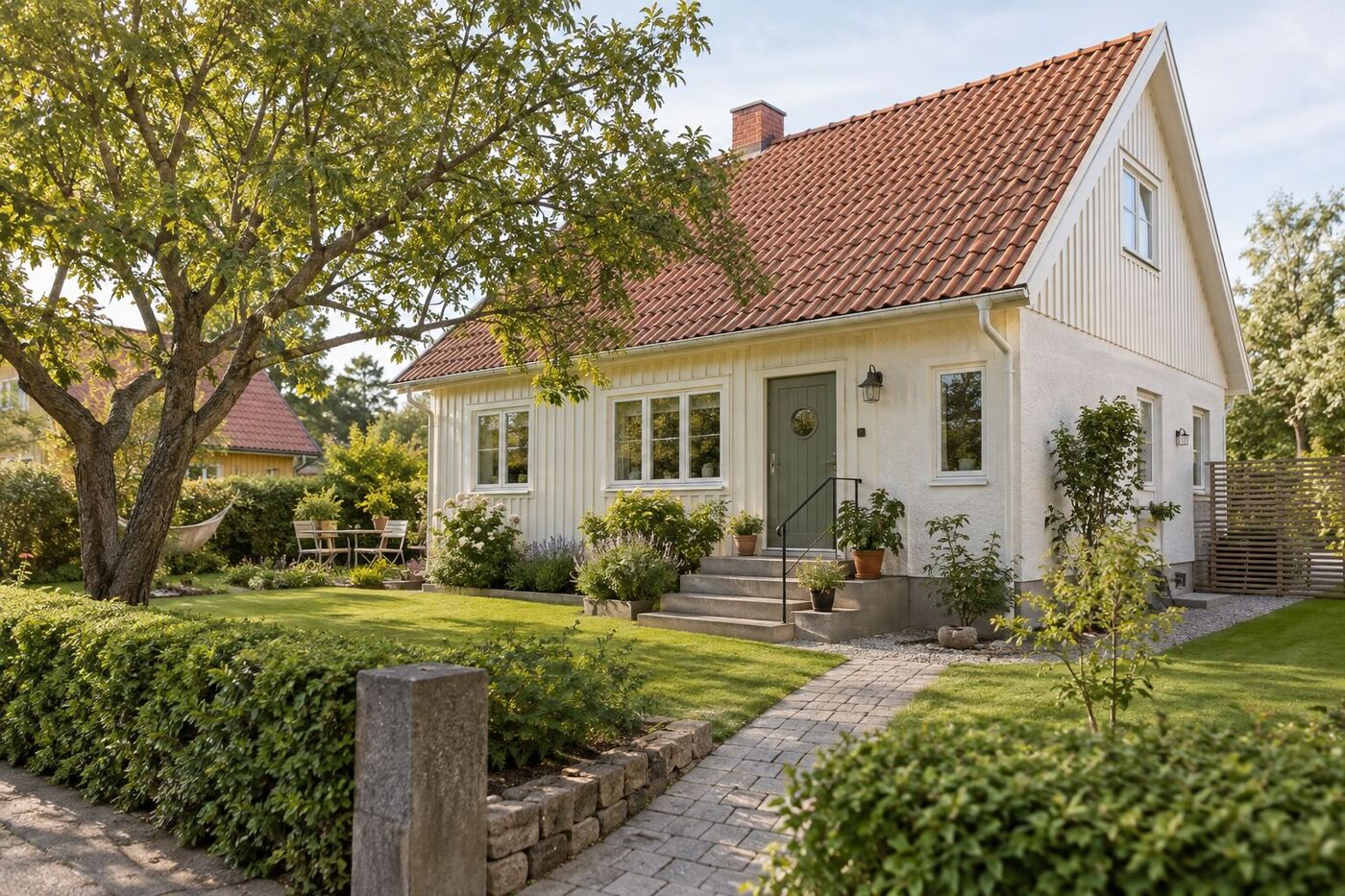 Svensk villa med trädgård i dagsljus – jämför villaförsäkringens byggnadsskydd, fullvärde och självrisker